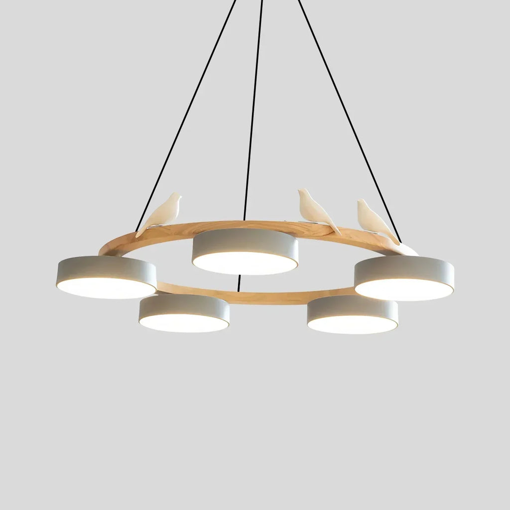 Round Wood Chandelier with Bird Accents for Living Room | Desfino