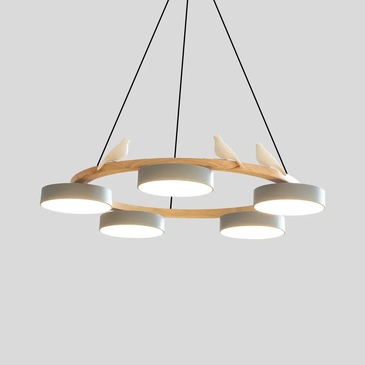 Round Wood Chandelier with Bird Accents for Living Room | Desfino