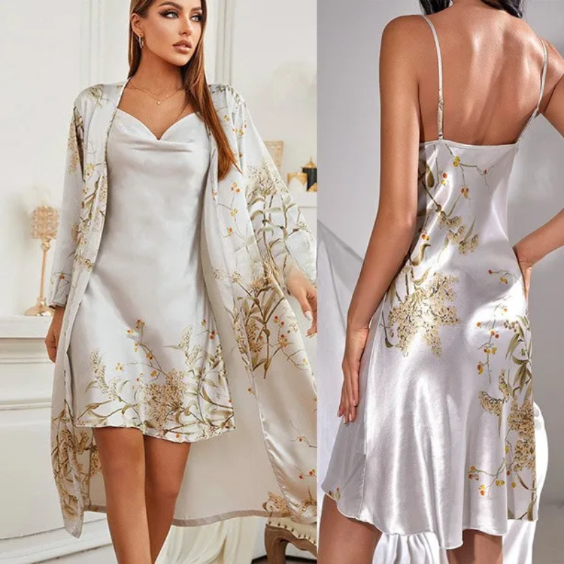 LunaSilk Floral Satin Set — Spaghetti-Strap Nightgown & Kimono - Desfino