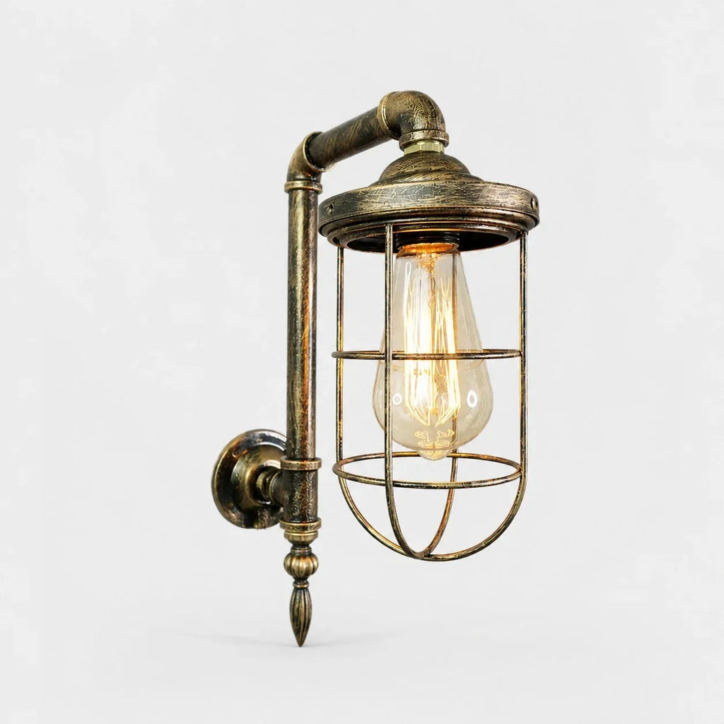 Wall Sconce — Vintage Cage Shade, Industrial Pipe Style