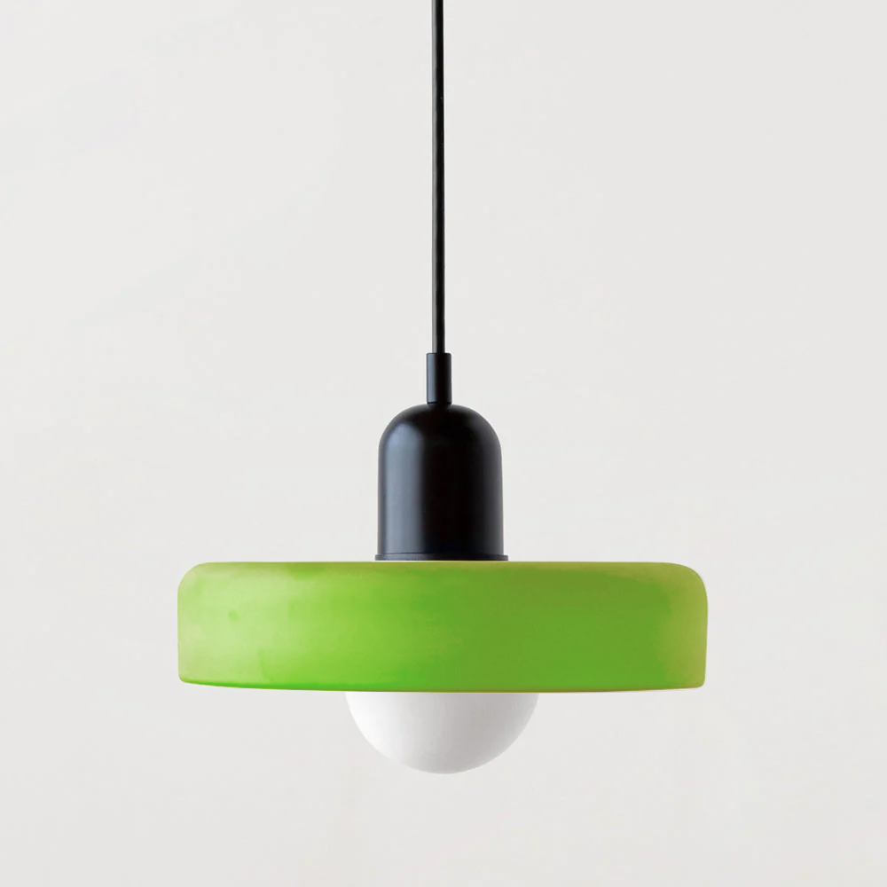 Aurelo Bauhaus-Pendelleuchte — Farbiger Glasschirm, rundes Baldachin