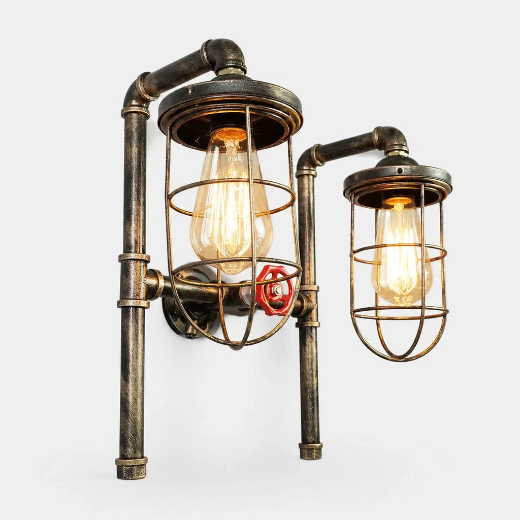 Wall Sconce — Vintage Cage Shade, Industrial Pipe Style