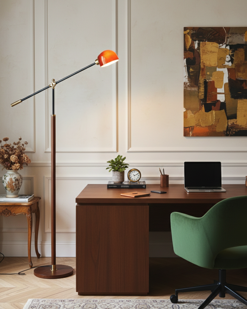 Stojací lampa Esilora Heritage Swing — dřevěný sloup, kovové otočné rameno