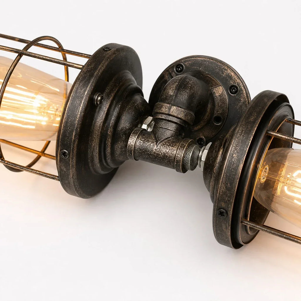 Industrielle Käfig-Wandleuchte, Vintage-Wandlampe aus Metall, sichtbares Leuchtmittel, wahlweise mit einem oder zwei Köpfen