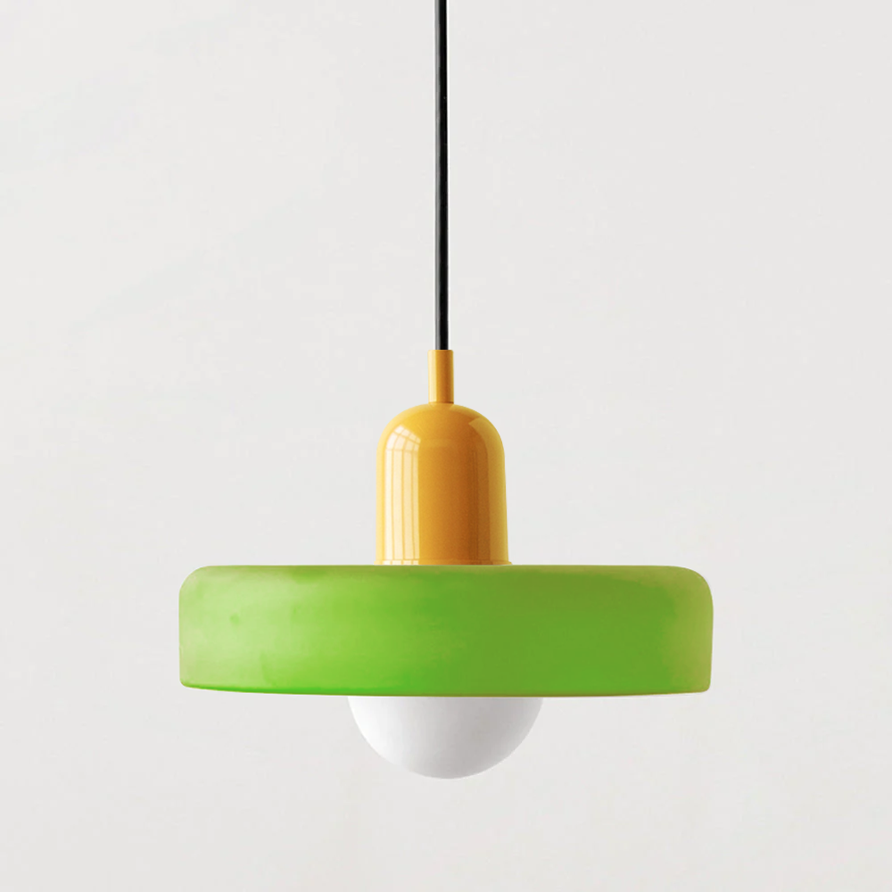 Aurelo Bauhaus-Pendelleuchte — Farbiger Glasschirm, rundes Baldachin