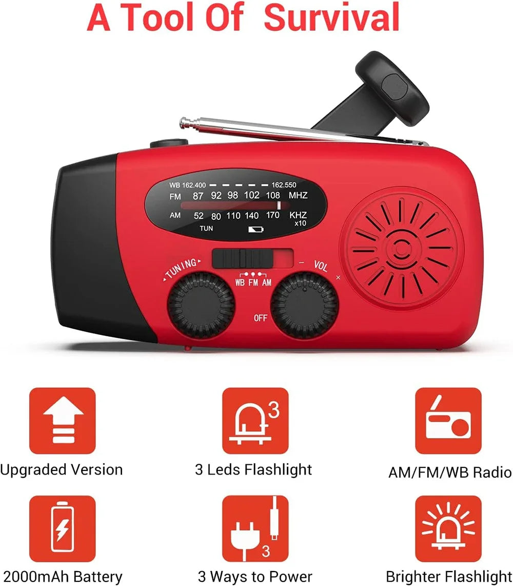 Rádio NovaPulse — solar AM/FM/NOAA, manivela, 3 LEDs, 2000mAh - Desfino