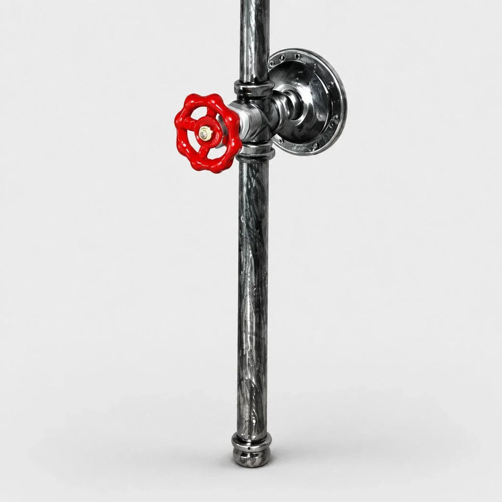 Industrielle Rohr-Wandleuchte – rote Ventilakzente, freiliegender Arm