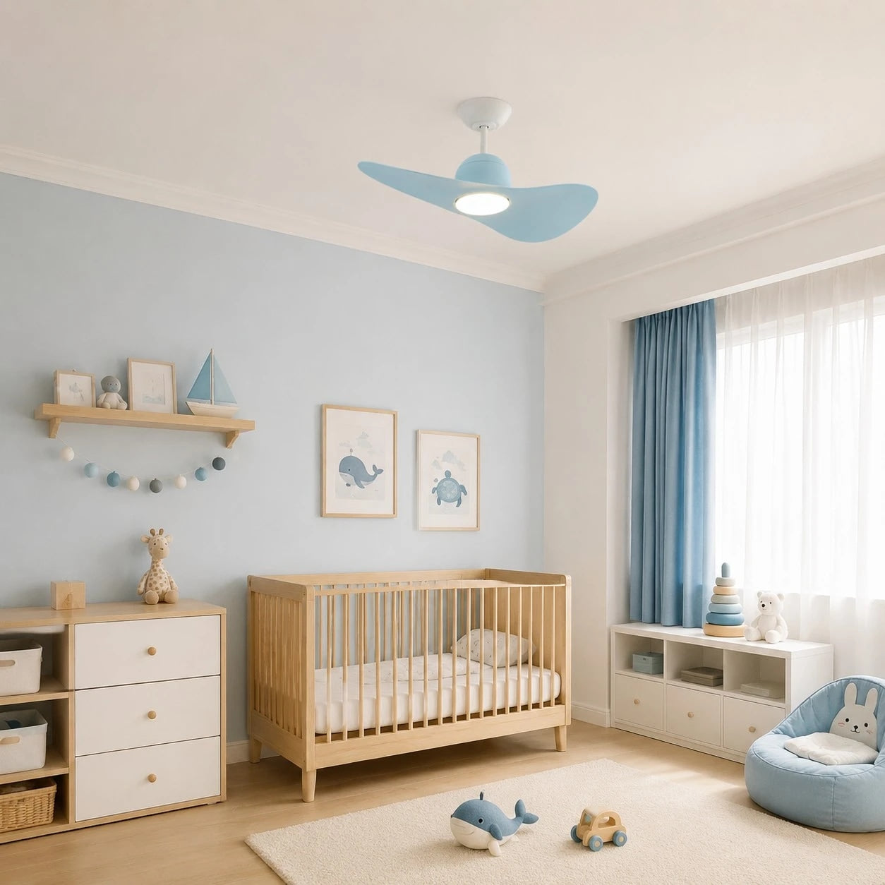 Deckenventilator mit hutähnlicher Leuchte und zwei Flügeln, integrierter LED-Diffusor