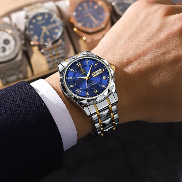 Maristel vanntett kvartsur for menn—40 mm svart, grønne visere, dag-dato - Desfino
