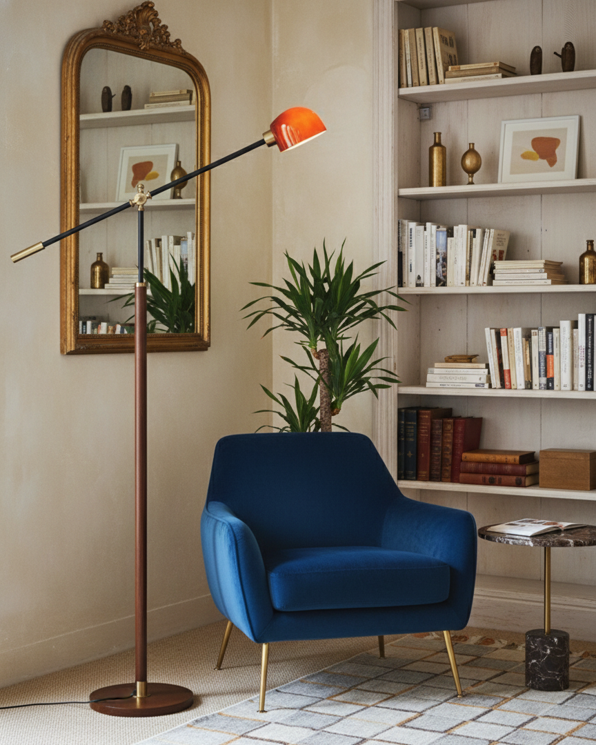 Stojací lampa Esilora Heritage Swing — dřevěný sloup, kovové otočné rameno
