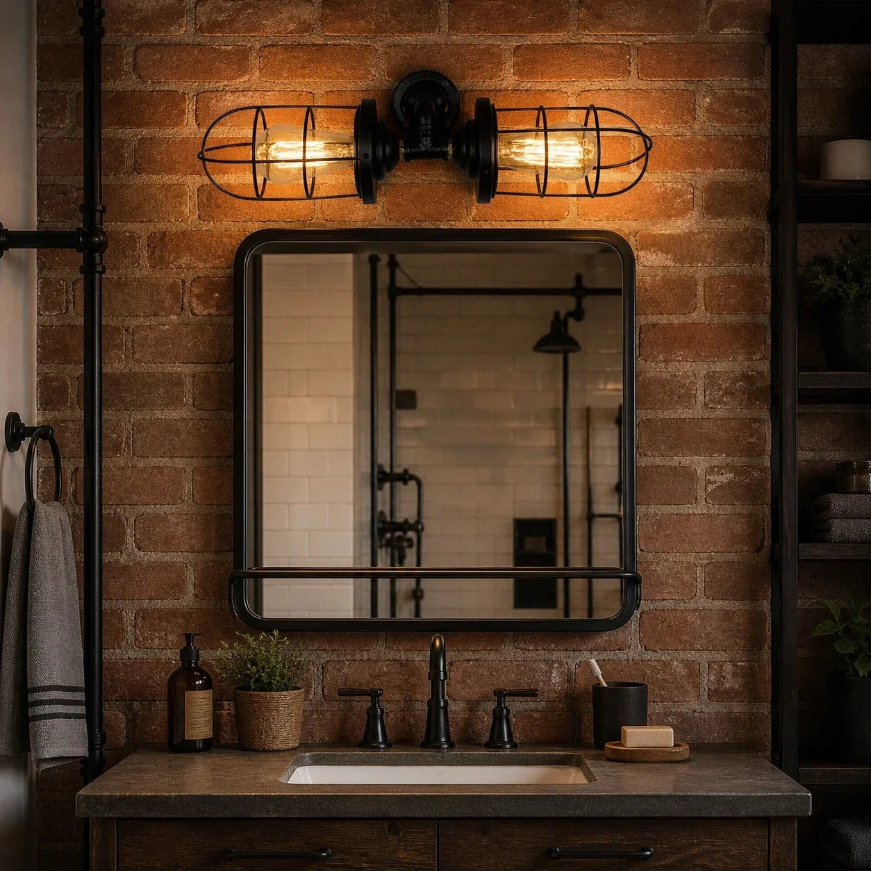 Industrielle Käfig-Wandleuchte, Vintage-Wandlampe aus Metall, sichtbares Leuchtmittel, wahlweise mit einem oder zwei Köpfen