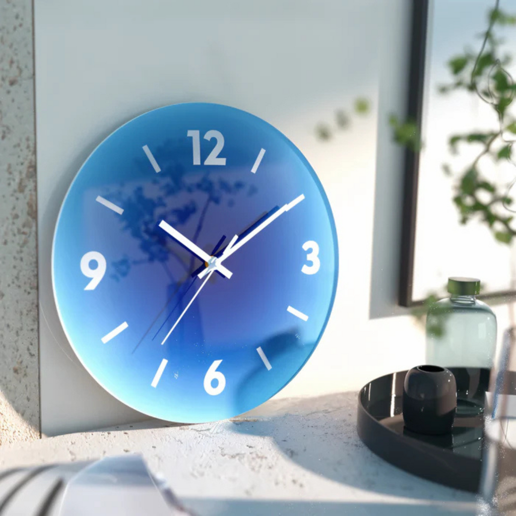 Ceas de perete din sticlă Lumeo Astra Sunset, 30 cm — Mecanism quartz silențios - Desfino