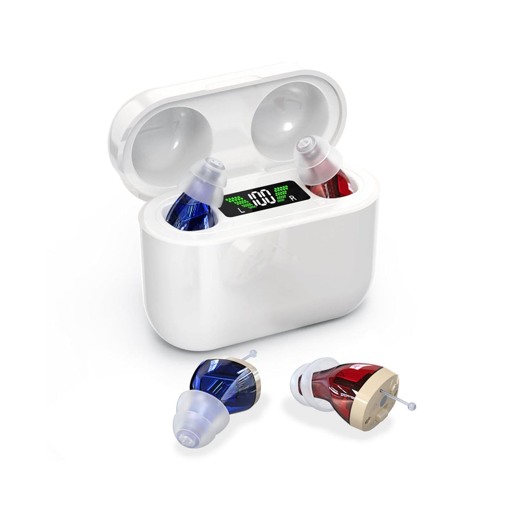 Invisible Rechargeable Hearing Amplifiers — In-Ear Design, Two-Channel Digital Sound, Wireless Charging Case