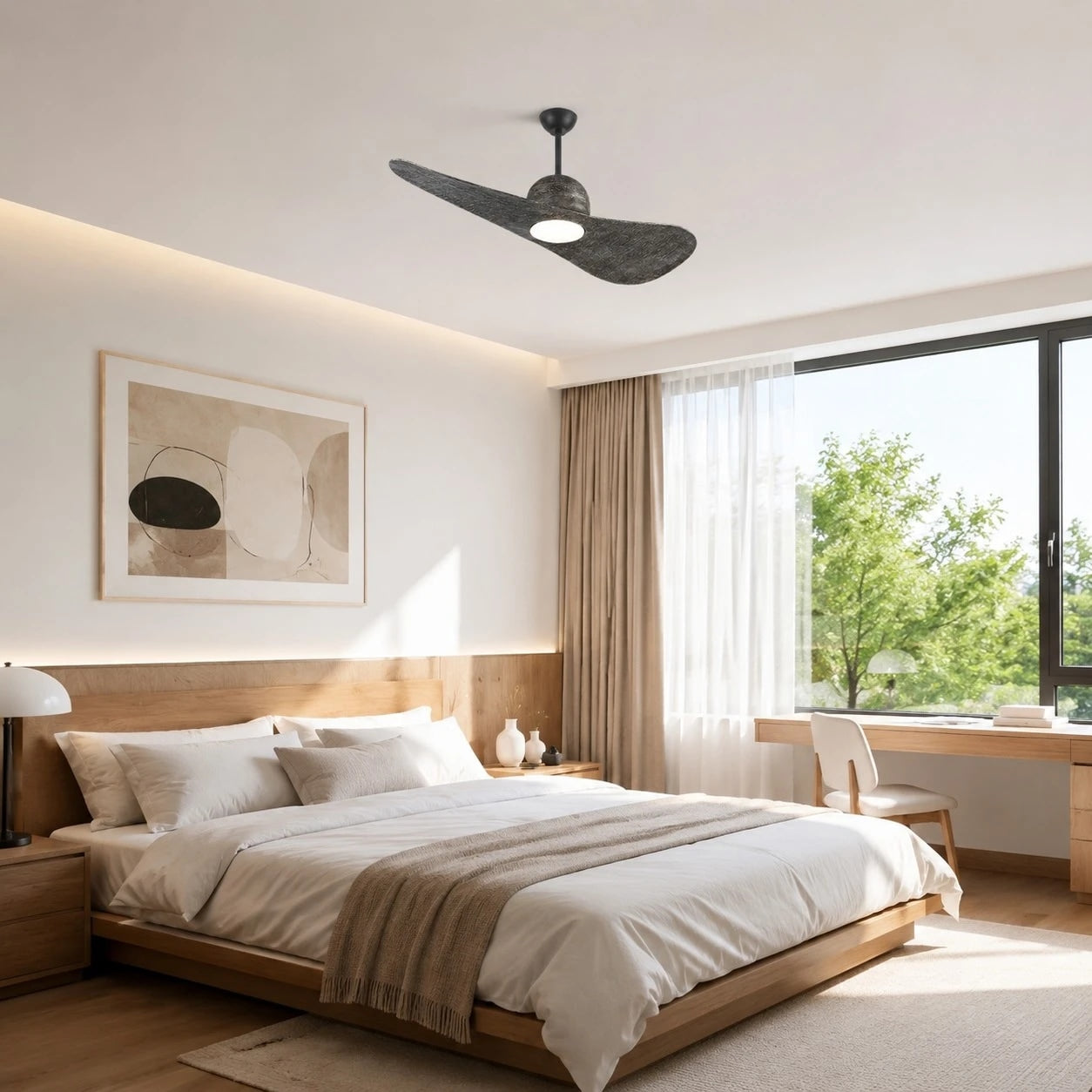 Deckenventilator mit hutähnlicher Leuchte und zwei Flügeln, integrierter LED-Diffusor