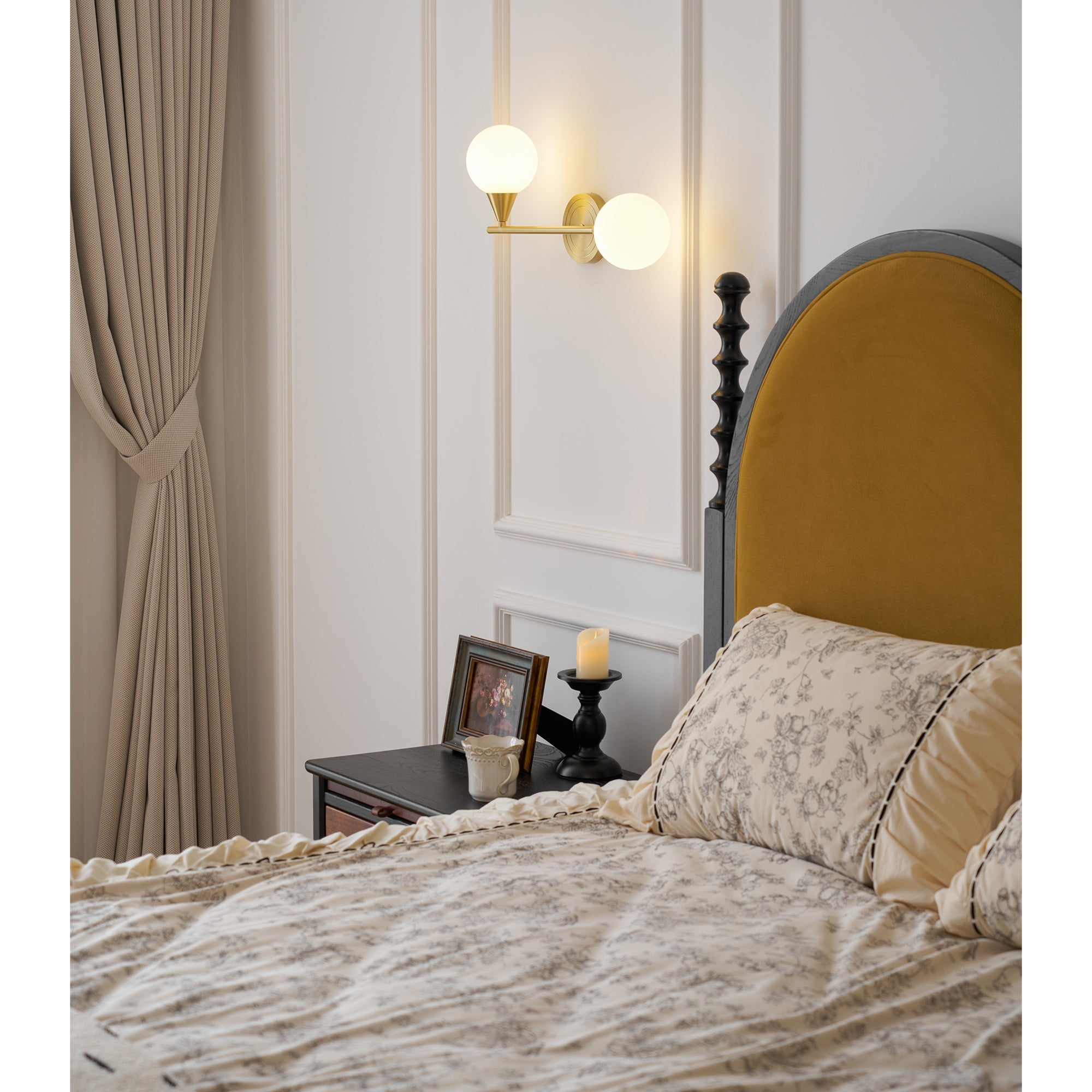 Holten Brass Armed Sconce — Two White Glass Globes