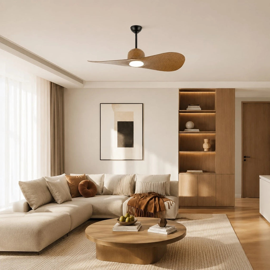 Deckenventilator mit hutähnlicher Leuchte und zwei Flügeln, integrierter LED-Diffusor