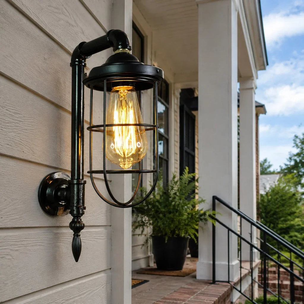 Wall Sconce — Vintage Cage Shade, Industrial Pipe Style