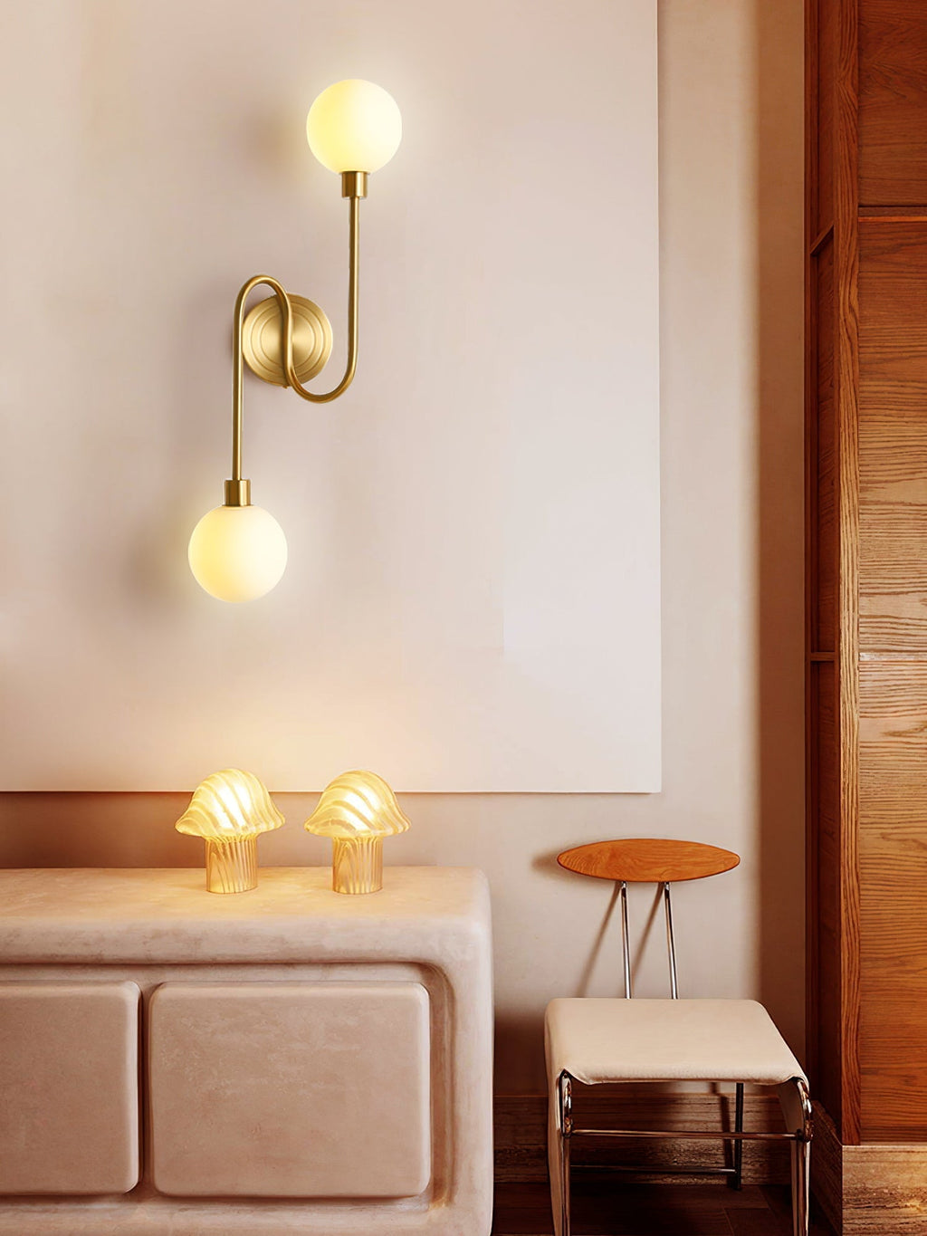 Holten Brass Armed Sconce — Two White Glass Globes