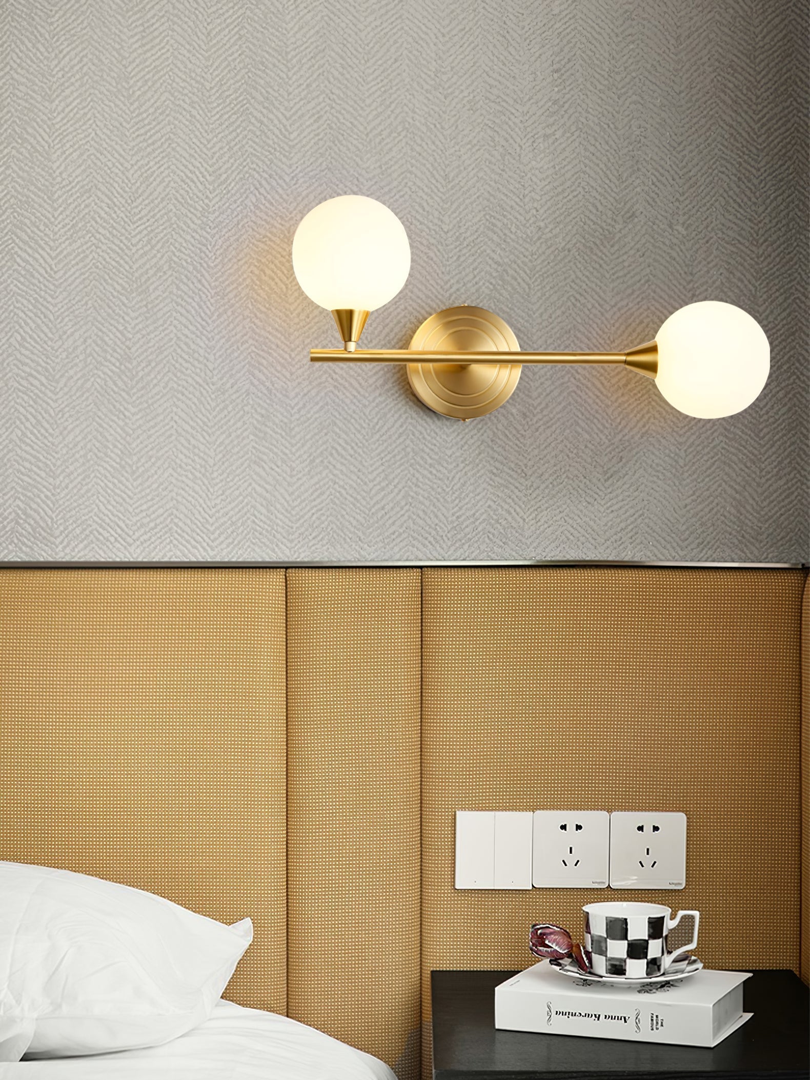 Holten Brass Armed Sconce — Two White Glass Globes