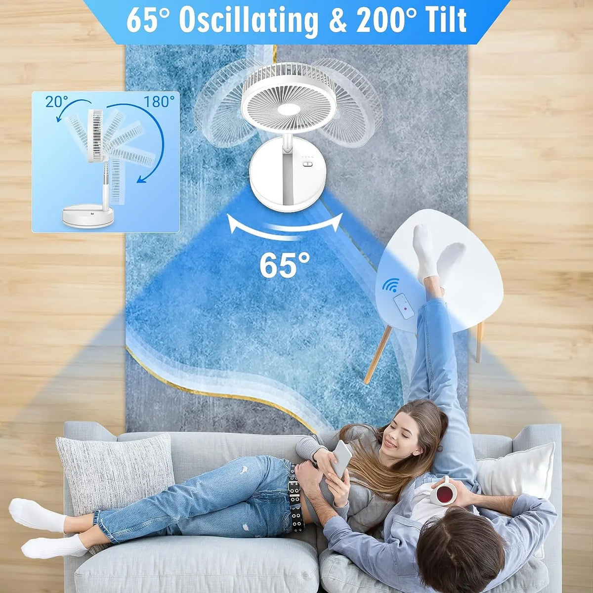מאוורר רצפה מתקפל נטען בקוטר 9 אינץ' — שקט, 4 מהירויות ושלט רחוק - Desfino