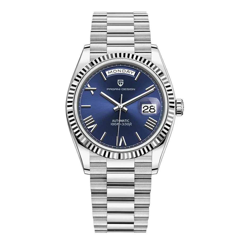Aurelio Automatik-Herrenuhr aus Edelstahl—Automatischer Aufzug, Tag-Datum-Anzeige - Desfino