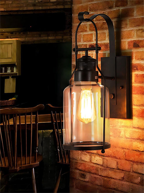 American Vintage Wall Sconce — Industrial Iron Frame, Textured Glass Shade