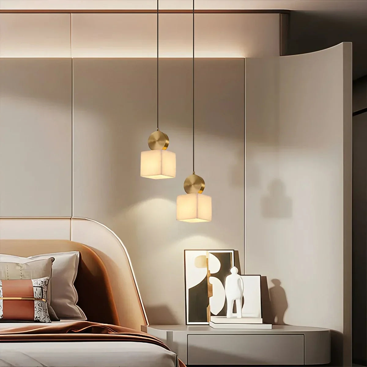 All Copper Geometric Spanish Alabaster Pendant Light | Desfino