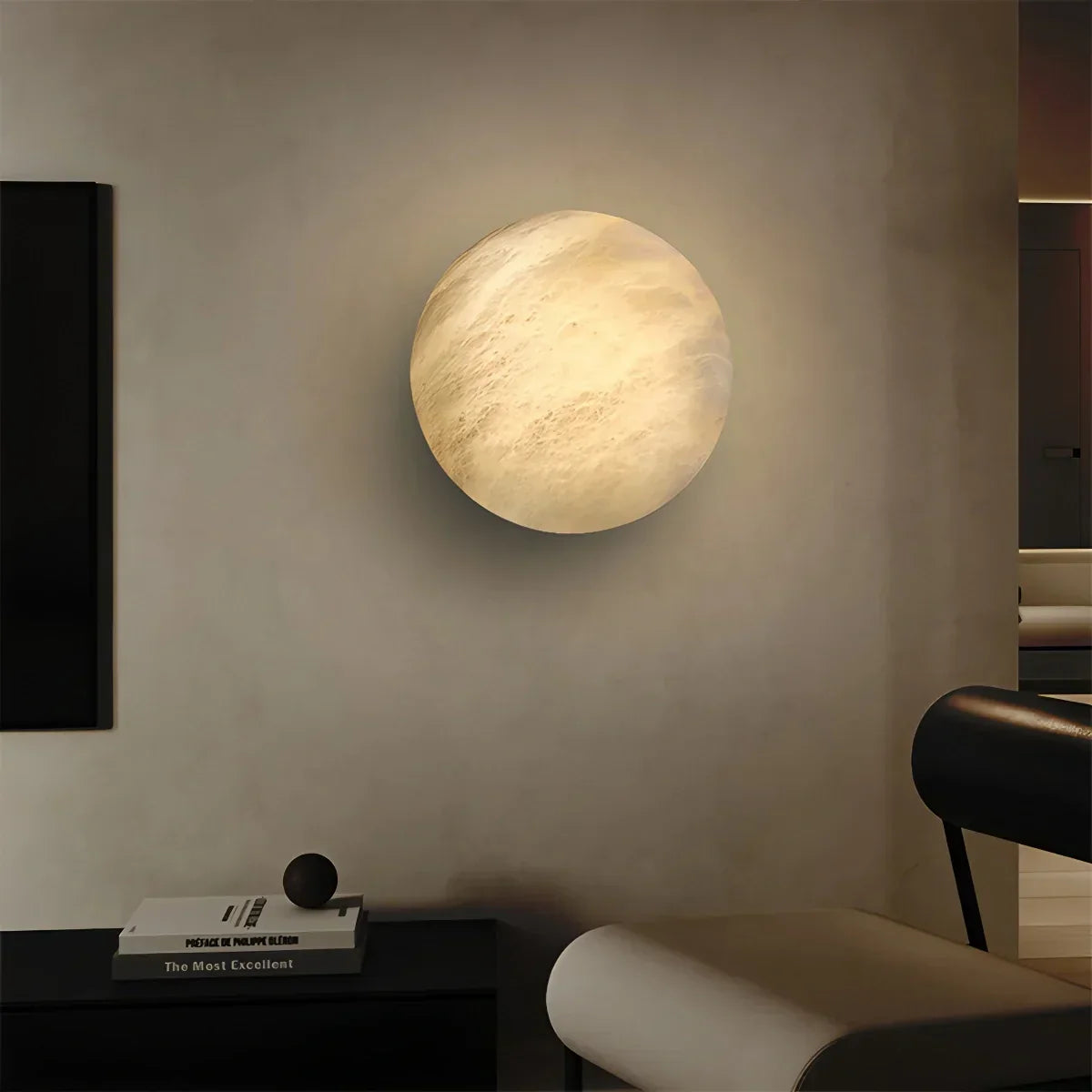 Moderne minimalistische runde Wandlampe aus spanischem Alabaster | Desfino