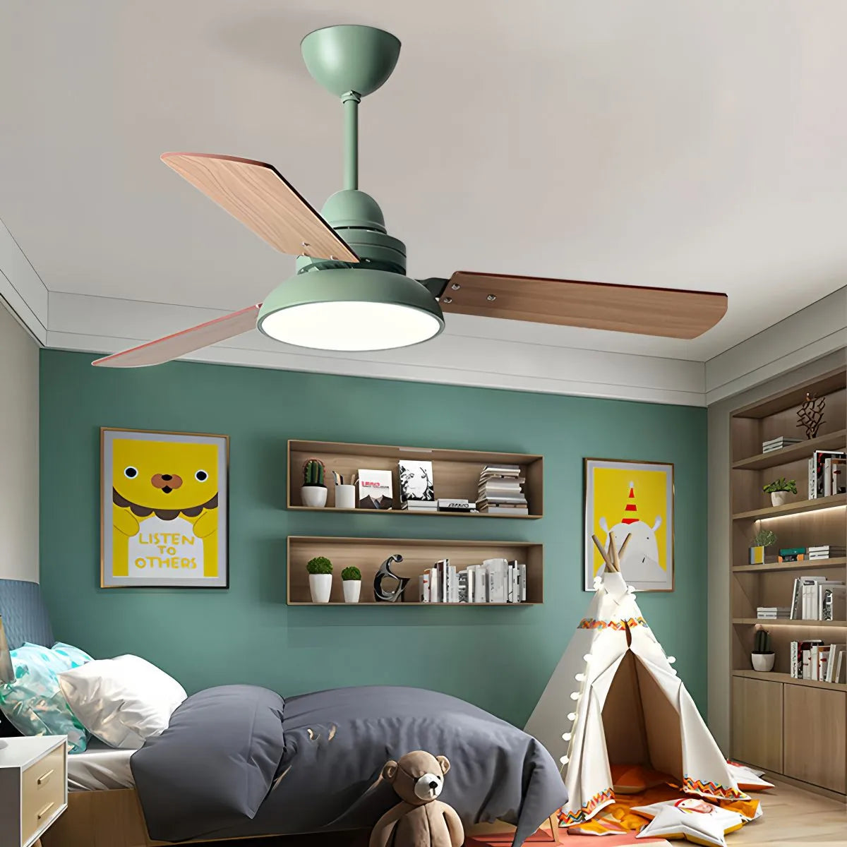 Moderne minimalistische Deckenventilatorleuchte mit drei Blättern | Desfino
