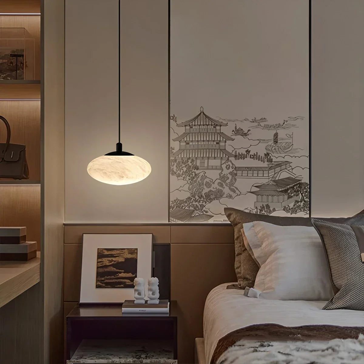 Moderne ovale Pendelleuchte aus spanischem Alabaster für das Schlafzimmer | Desfino