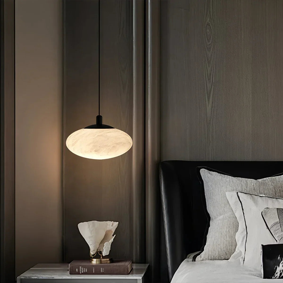 Moderne ovale Pendelleuchte aus spanischem Alabaster für das Schlafzimmer | Desfino