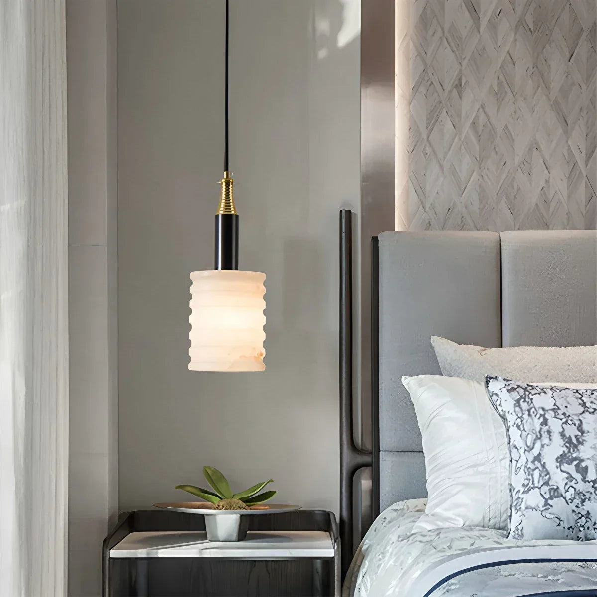 Cylindrical Spanish Alabaster Bedside Pendant Light | Desfino