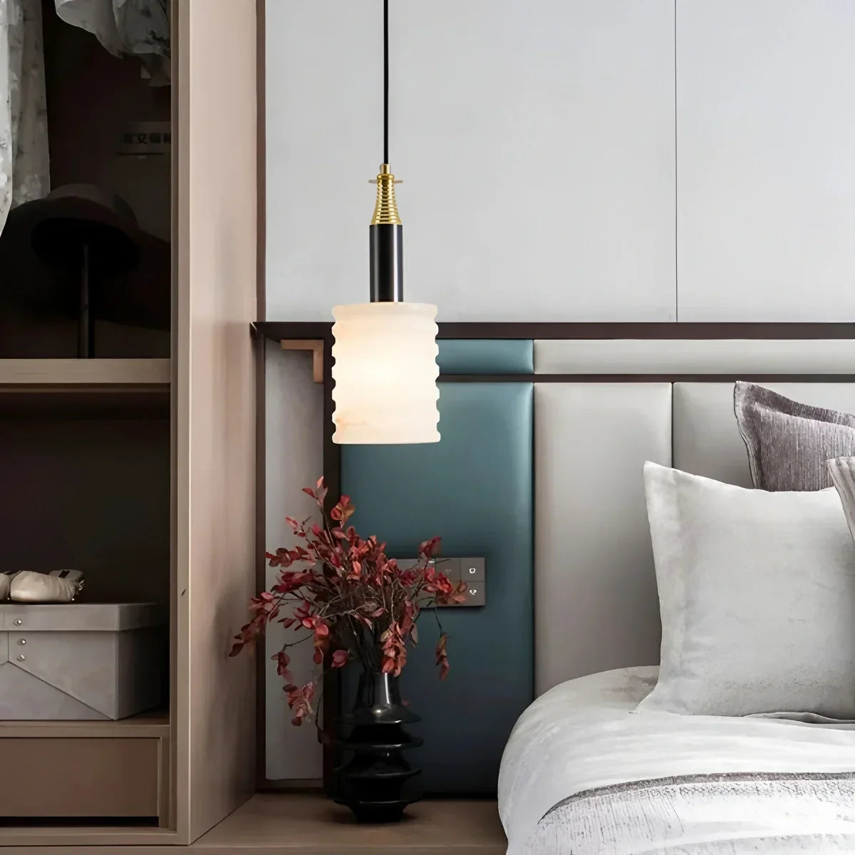 Cylindrical Spanish Alabaster Bedside Pendant Light | Desfino