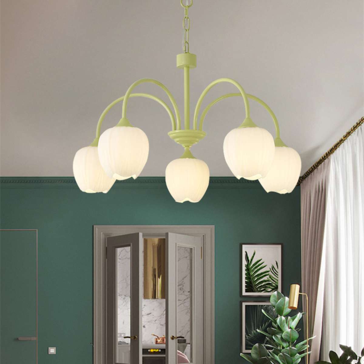 Französischer romantischer Tulpen-Kronleuchter in Matcha-Farbe | Desfino