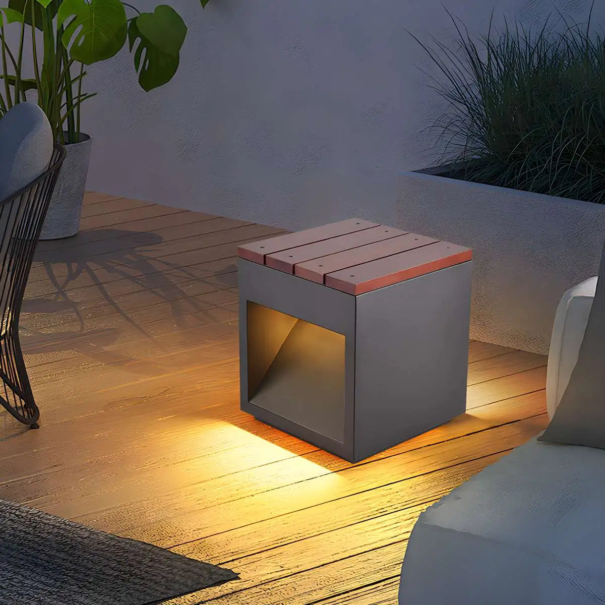 Solar Wooden Square Stool Outdoor Light | Desfino