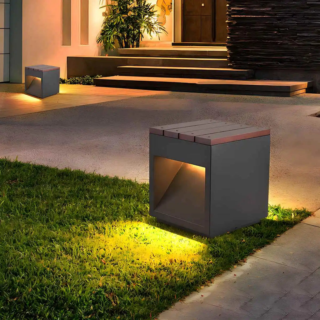 Solar Wooden Square Stool Outdoor Light | Desfino