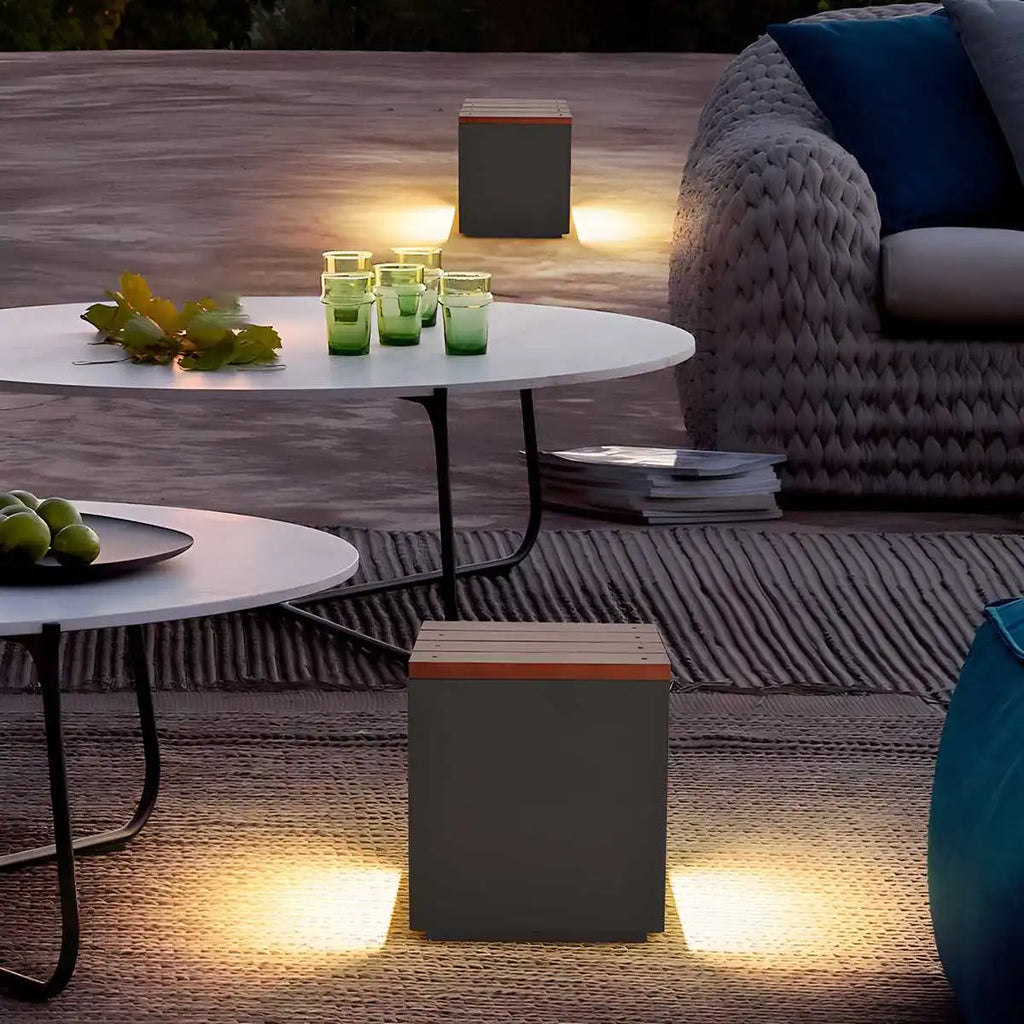 Solar Wooden Square Stool Outdoor Light | Desfino