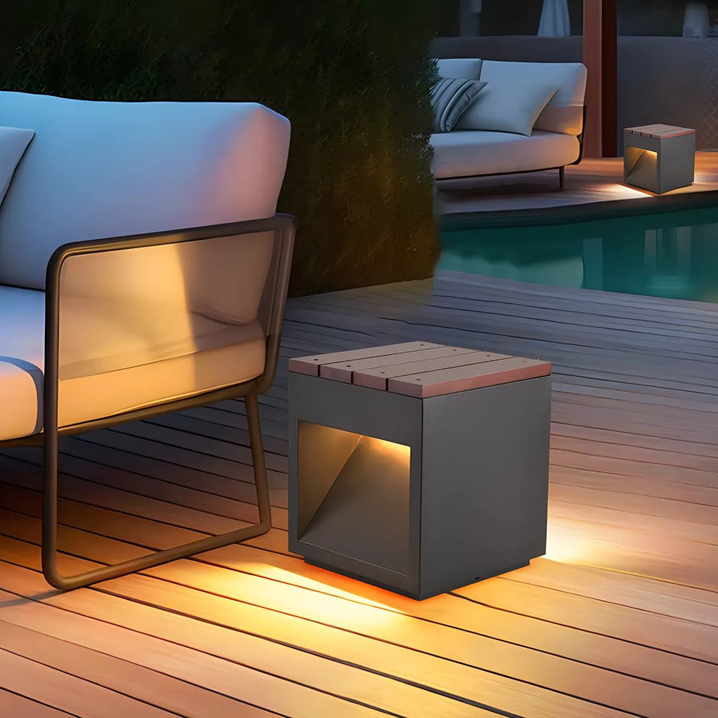 Solar Wooden Square Stool Outdoor Light | Desfino