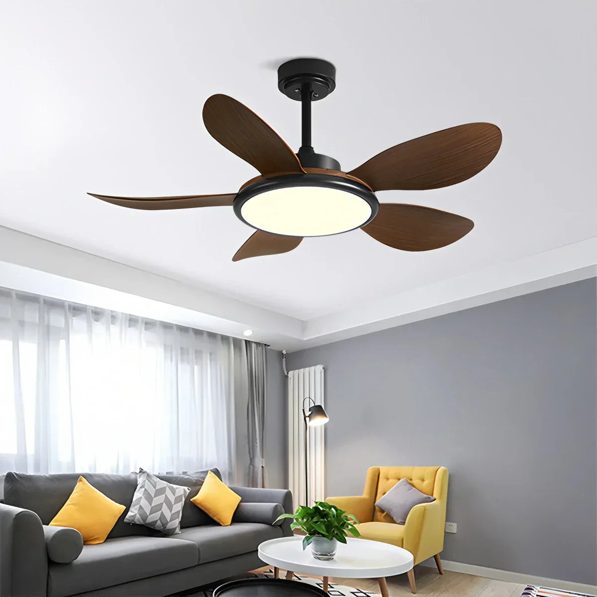 Deckenventilator mit 5 Holzflügeln und Licht fürs Wohnzimmer | Desfino