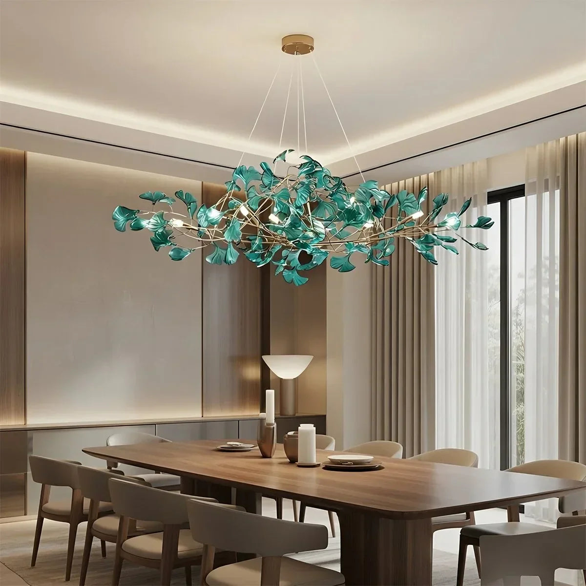 Kronleuchter mit Ginkgoblättern aus Acrylglas für den Essbereich | Desfino