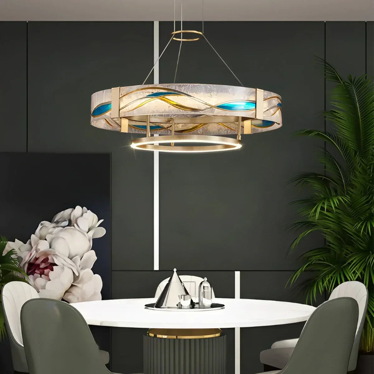 Enamel Round Brass Chandelier for Dining Area | Desfino