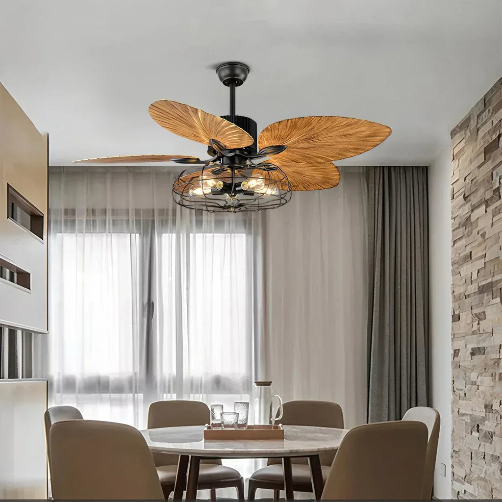 Deckenventilator mit Leuchte und tropischen Palmenblättern im Industriestil | Desfino