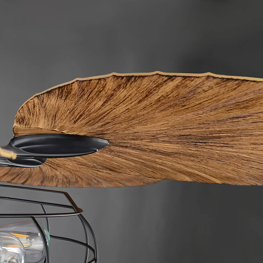 Deckenventilator mit Leuchte und tropischen Palmenblättern im Industriestil | Desfino