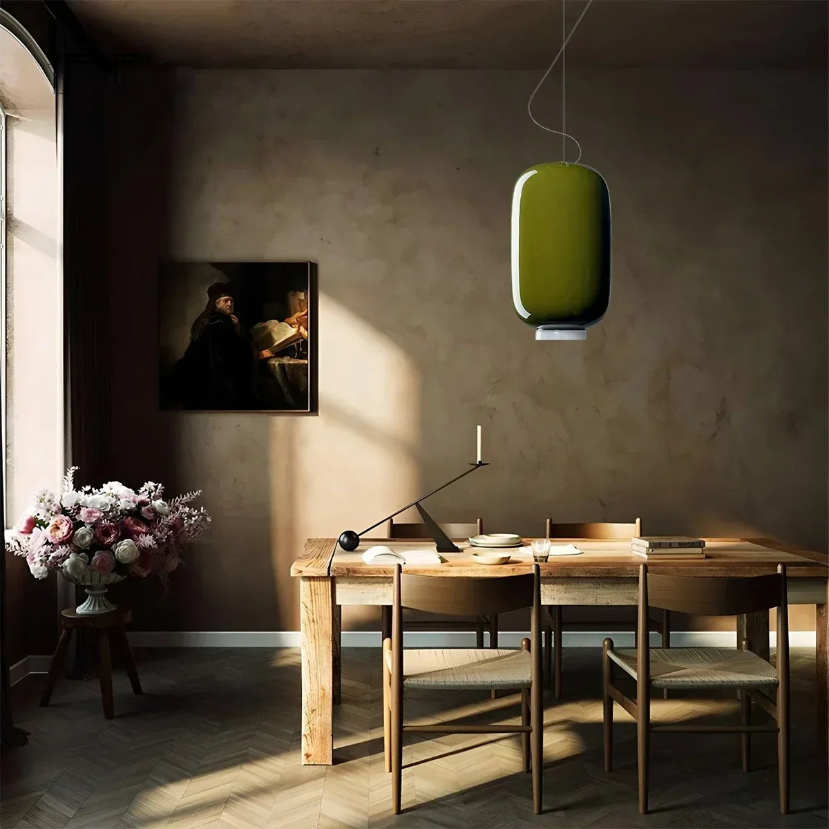 Moderne Pendelleuchte als Laterne aus farbigem Glas | Desfino