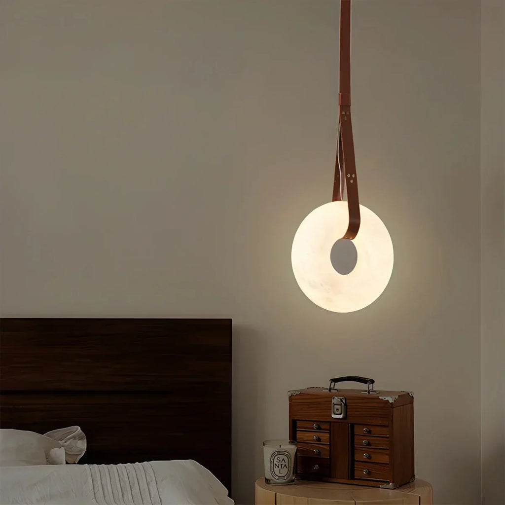 Round Spanish Alabaster Pendant Light Leather Hanging Wire | Desfino