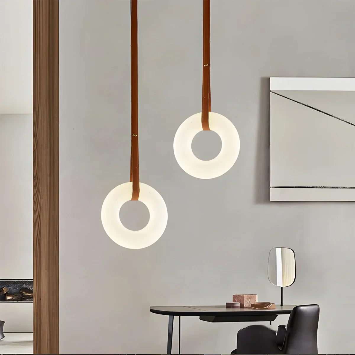 Round Spanish Alabaster Pendant Light Leather Hanging Wire | Desfino