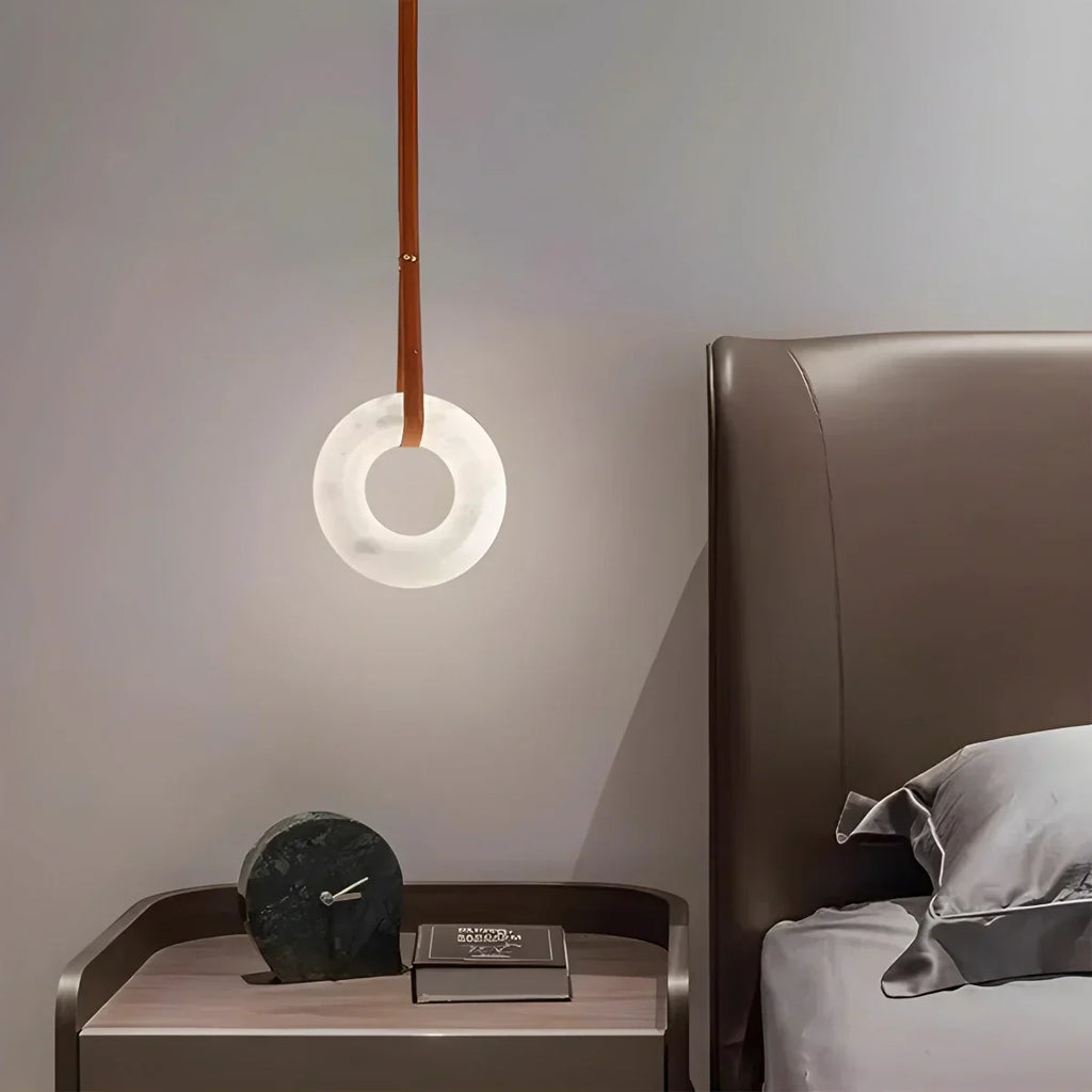 Round Spanish Alabaster Pendant Light Leather Hanging Wire | Desfino