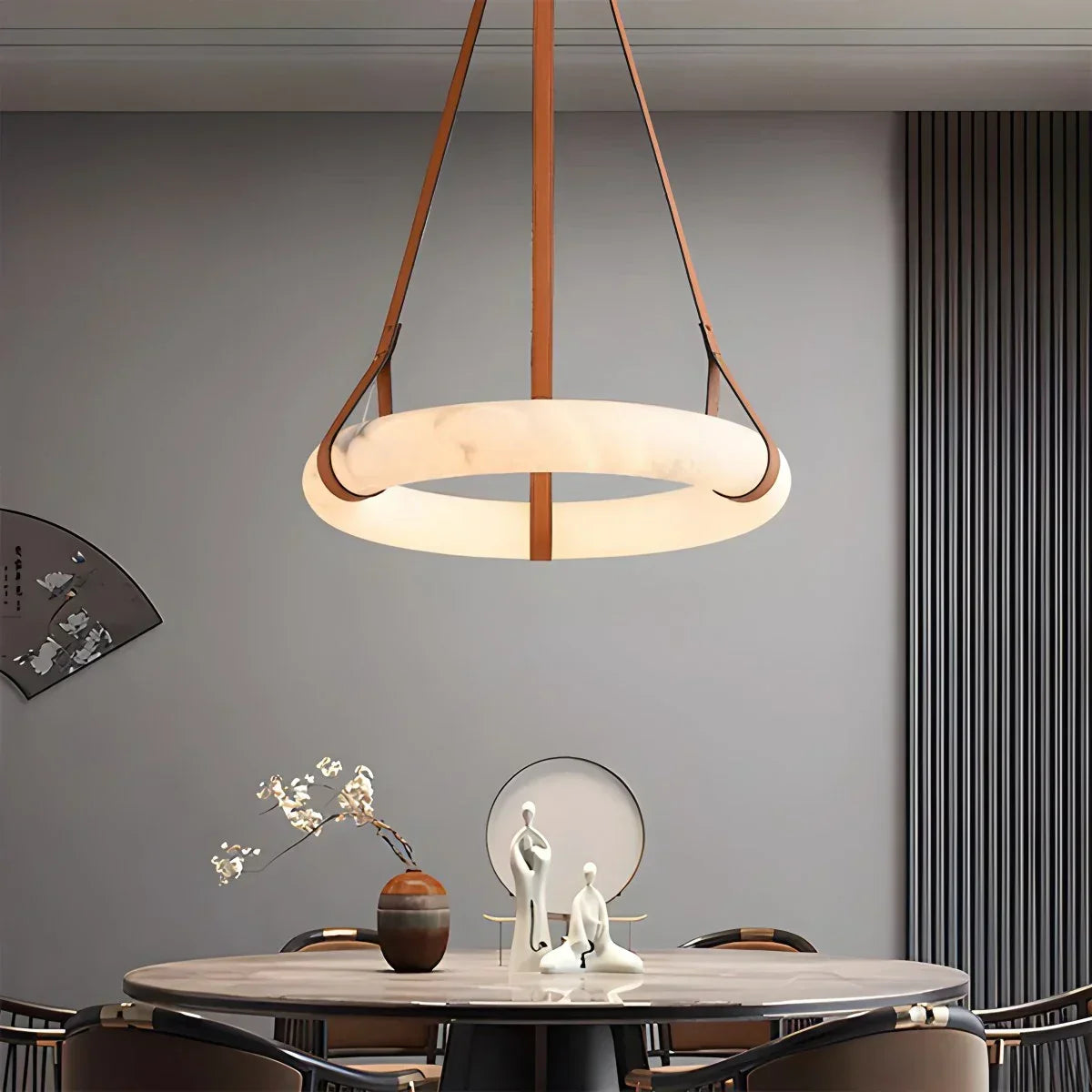 Round Spanish Alabaster Pendant Light Leather Hanging Wire | Desfino