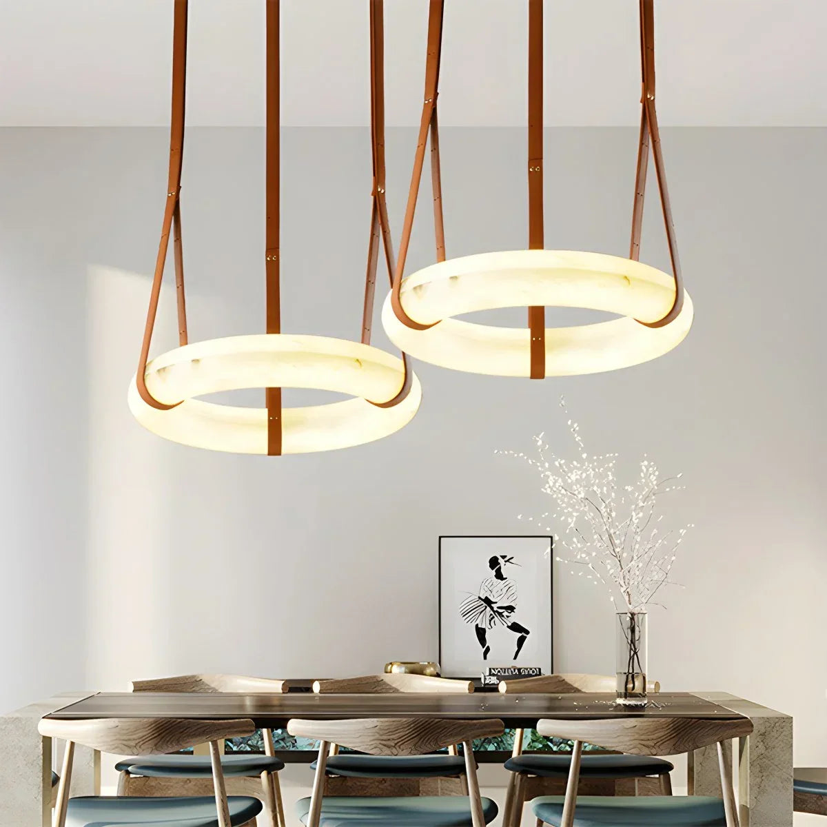 Round Spanish Alabaster Pendant Light Leather Hanging Wire | Desfino