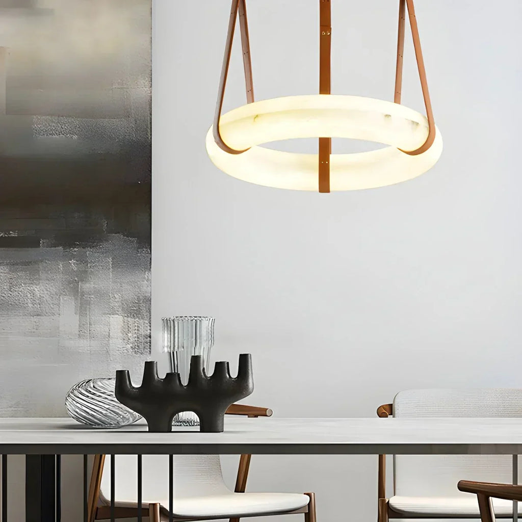Round Spanish Alabaster Pendant Light Leather Hanging Wire | Desfino